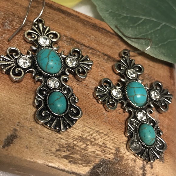 Jewelry - Oversized Earrings BIG Cross Boho Rustic ornate silver turquoise & diamond look